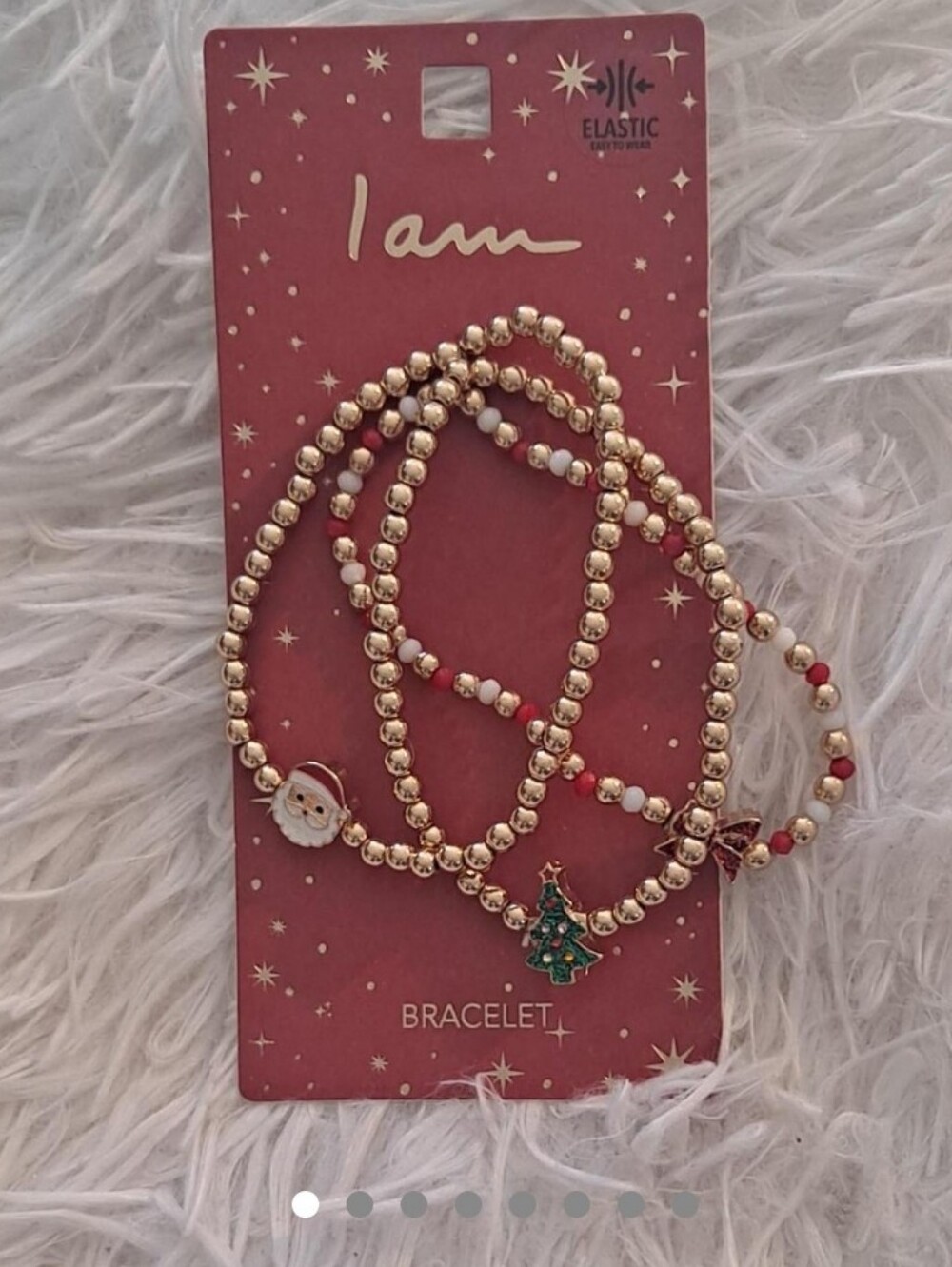 I AM Christmas Bracelet Set Gold & Red Beads Holiday Elastic Charm Bracelet